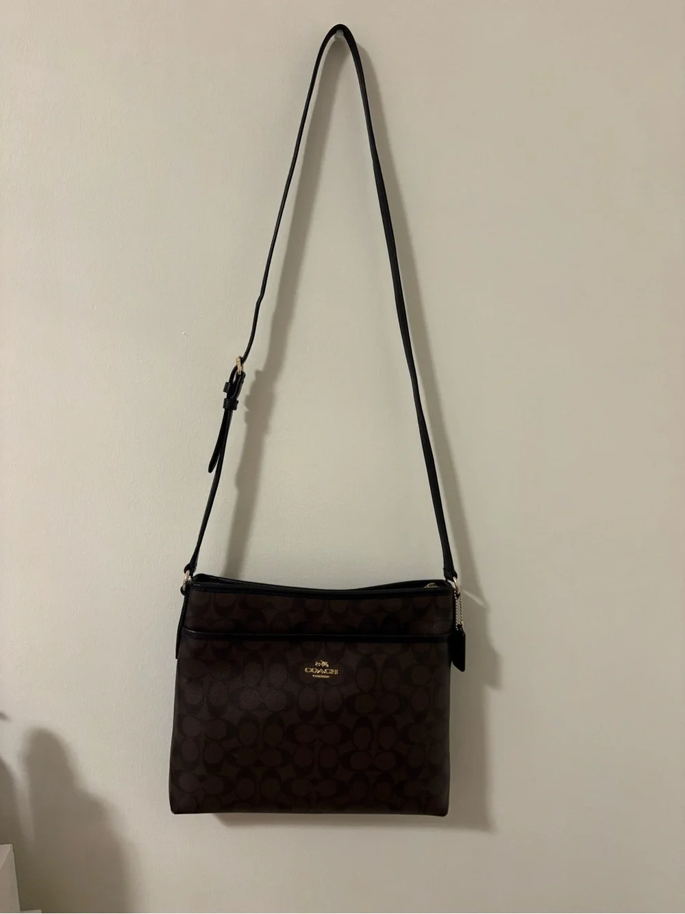 Coach Dark Brown Signature Messenger Bag with Black Strap